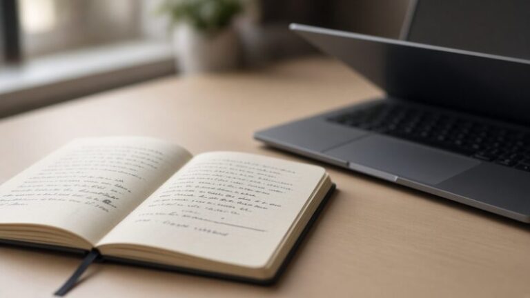 半分閉じたノートPCと、文字の読めないノート