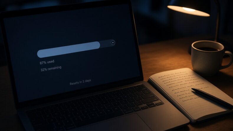 夜間のノートパソコンに、残りが少なくなった使用量のメーターが表示されている