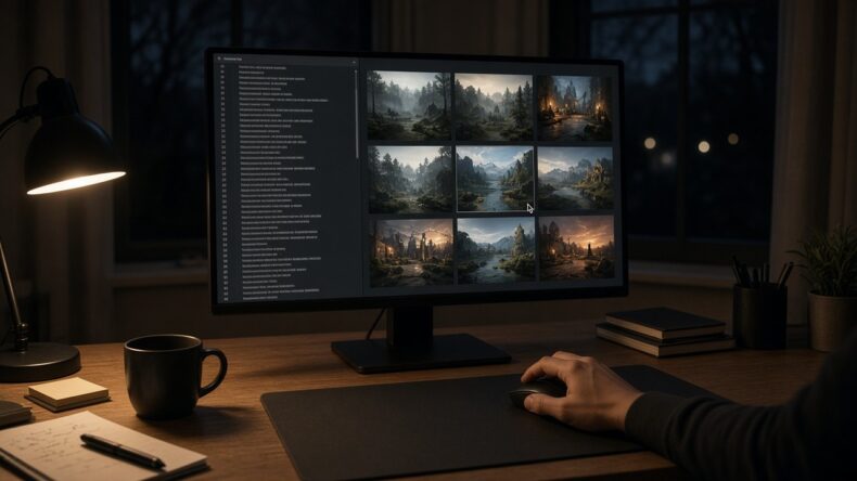 下書きと、抽出したゲーム画面のサムネイルを並べて選んでいる手元