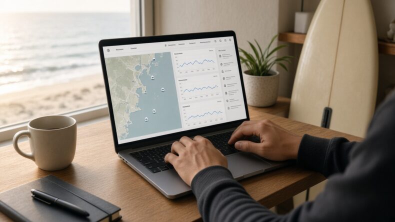 波予報サイトを開いたノートパソコンと、部屋の隅に立てかけたサーフボード