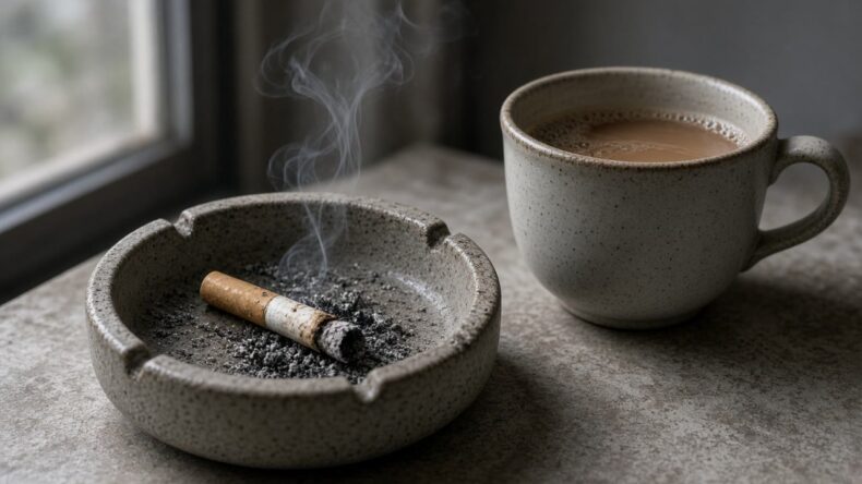 灰皿に置かれた吸いかけのタバコと、冷めたお茶