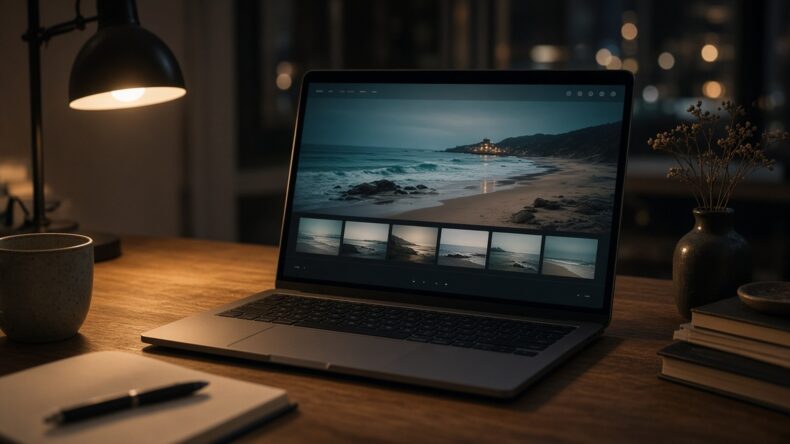 夜の作業机で、大きなビーチ写真をヒーローにしたホームページを見ている