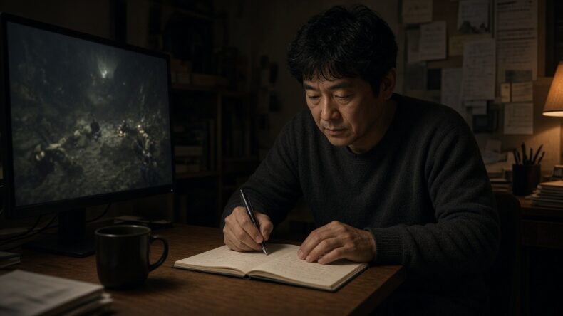 深夜の机で、ゲームの記録をノートに書き写している人