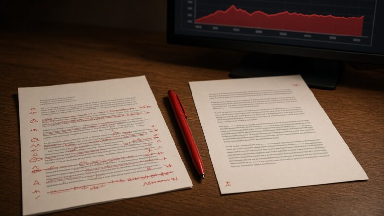 未完成の下書きと直した原稿が机に並び、そのあいだに赤いペンが置かれている