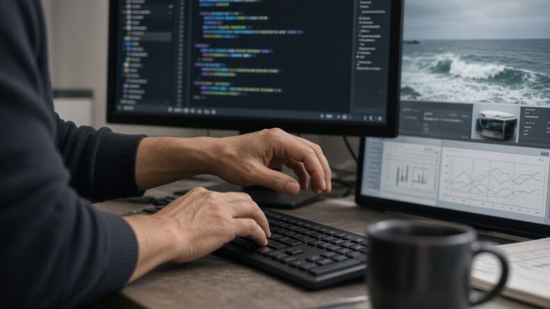 キーボードの上で動きを止めた手元と、奥に見える開発画面