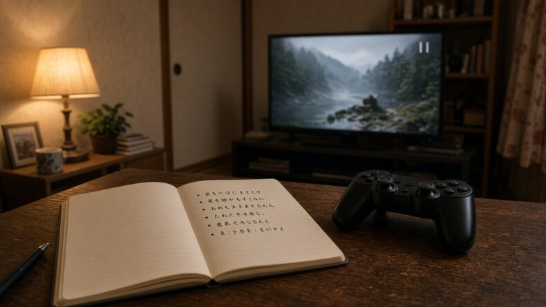 ゲームは一時停止のまま、次の目標を書いたノートが開いている
