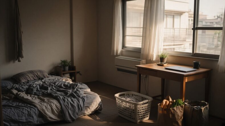 昼寝のあとの部屋で、ベッドと作業机、洗濯物が並んでいる