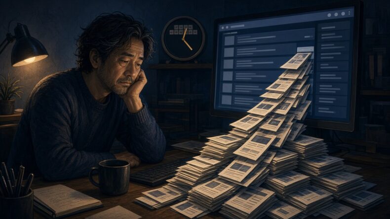 関連記事カードが積み上がり、一覧の更新そのものが仕事になっていくモニター
