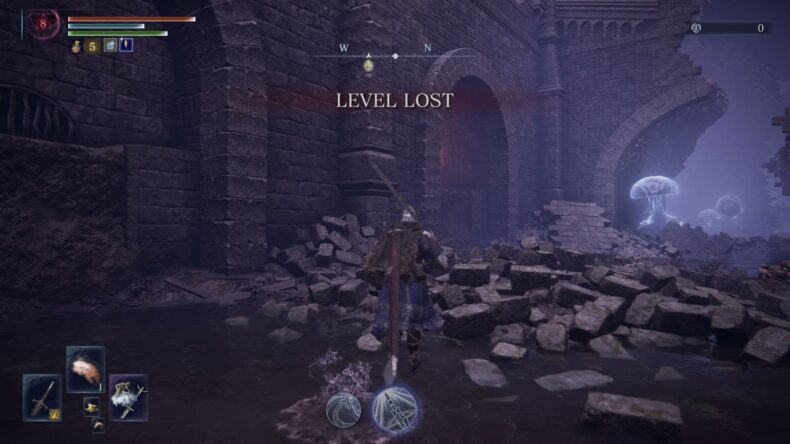 石の砦の前に LEVEL LOST と表示され、レベルは8、ルーンは0