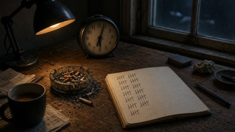 早朝6時を示す時計と、本数が多く記されたノート、灰皿が並ぶ机