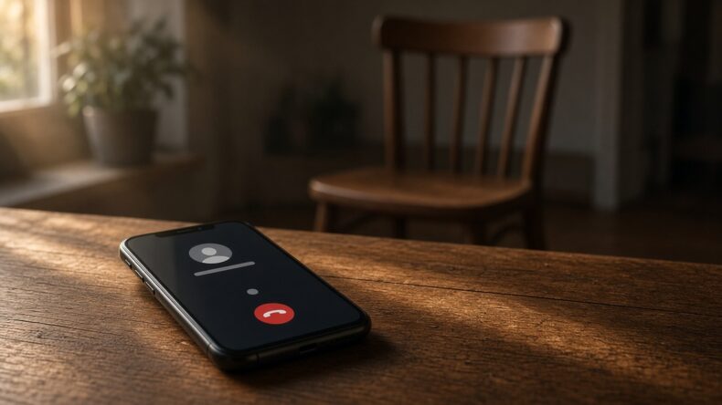 テーブルの上で、つながらない電話のまま置かれたスマホ