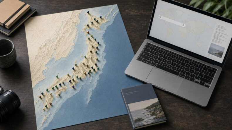日本列島の地図にピンが並び、隣のノートパソコンには検索画面がある