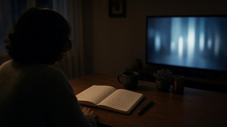 夜、開いた日記と、抽象的な光だけの画面のあいだで止まっている後ろ姿