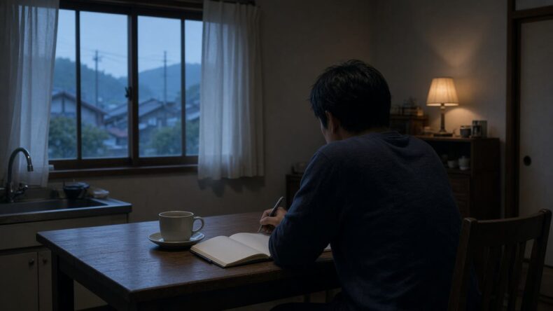 未明の食卓でノートと冷めたお茶を前に、一日を振り返る人の後ろ姿