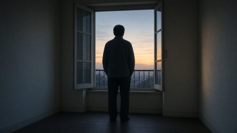 夜明け前の窓辺に立ち、薄い朝日を見ている疲れた後ろ姿