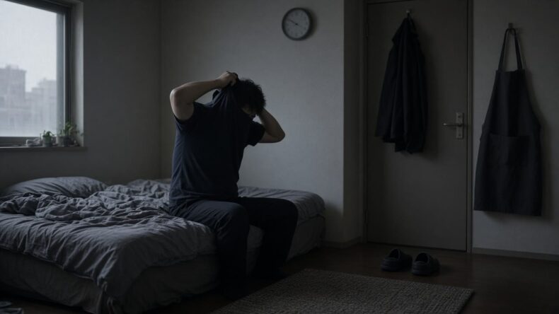 短い睡眠のあと、まだ薄暗い部屋で身支度をする人