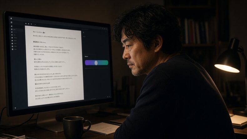 夜の作業中に、モデル利用枠が三分の一ほど減った画面を見る人