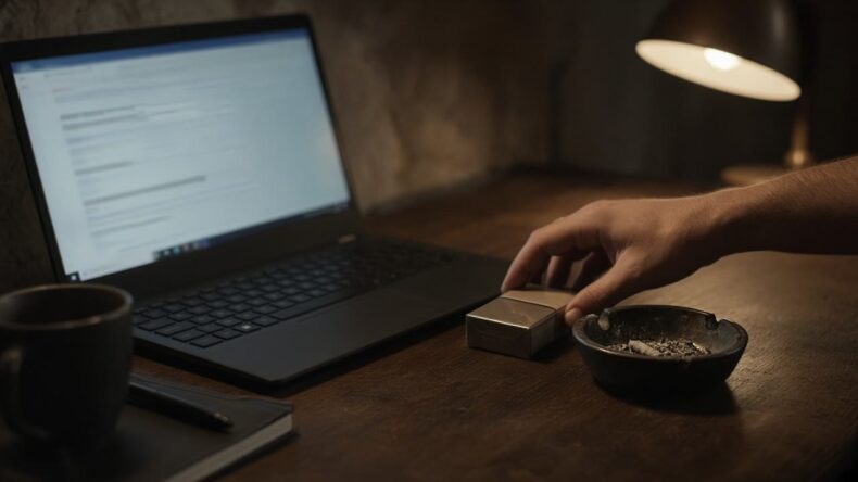 パソコン作業の机のすぐ横に置かれた灰皿とタバコ