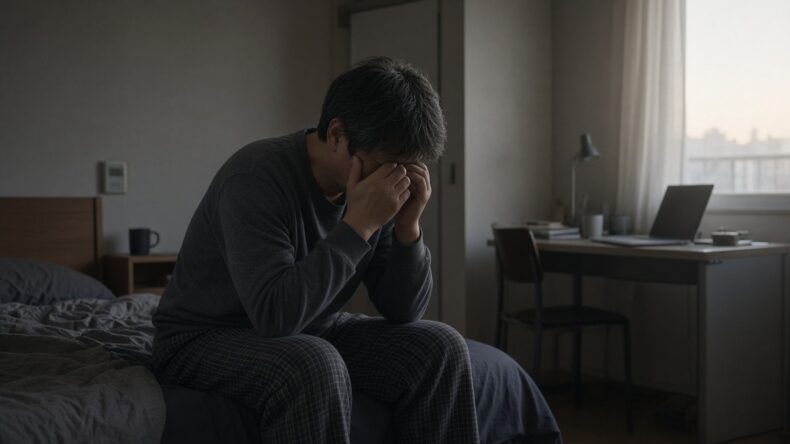 明け方のベッドの端に座り、目をこする人と、後ろに開いたままのパソコン