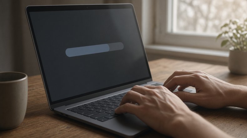 朝のノートPCに、文字のない利用量のバーだけが映っている