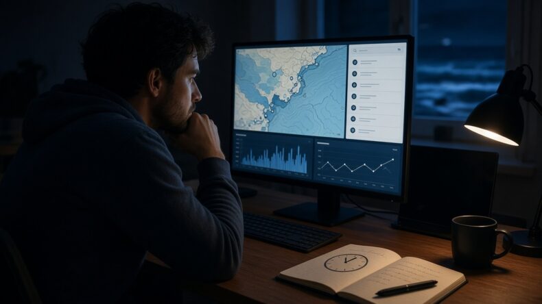 深夜の作業机で、場所検索と波予報が一つの画面にまとまったサイトを見ている