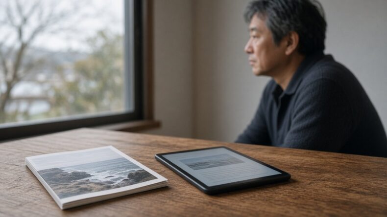 テーブルに置かれた冊子とタブレットを、窓のほうへ目を逸らしながら見ている人
