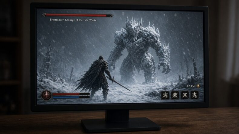 霜の戦場でボスと向き合うゲーム画面が、モニターに一時停止されている