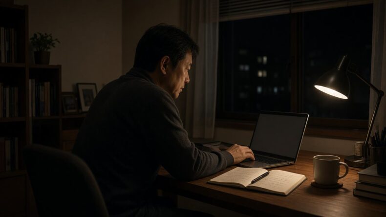 未明の部屋でランプだけを灯してパソコン作業をする人
