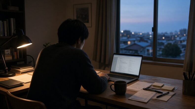 窓の外がまだ暗い未明に、デスクライトの下でパソコンに向かう人