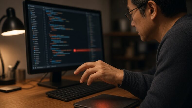 危険なコード変更の手前で、キーボードの上に手を止める人