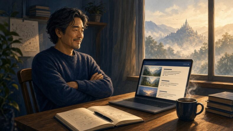 朝の机で、自分の記事群が成長段階の章として並んだ画面を静かに見ている人