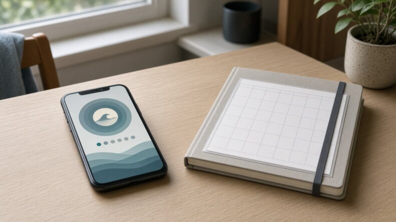 今日の波予報が開いたスマホと、閉じた週間予定の手帳