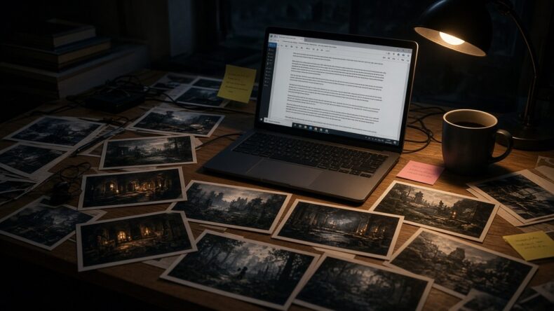 ゲーム動画の静止画が散らばった机と、長い下書きが開いたノートPC