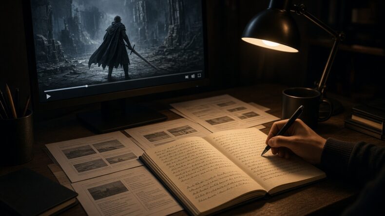 一時停止したゲーム映像の横で、抽出した事実の紙を見ながら手書きノートを書いている