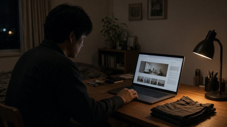 夜の机でWebサイトを更新するパソコン画面と、たたまれたエプロン