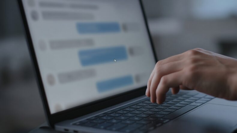 長いチャットのまま、画面が止まったノートPC