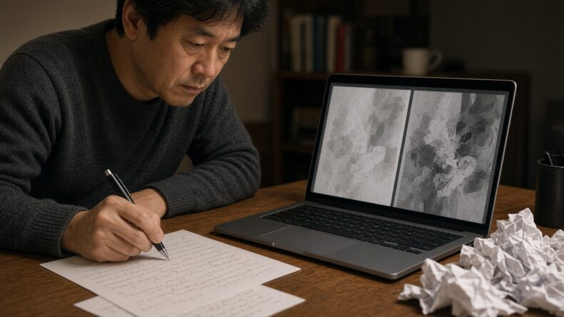 品質の落ちた下書きを書き直している机の様子