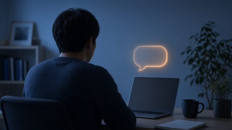 暗い部屋でパソコンのそばに暖かなチャットの光が浮かぶ様子