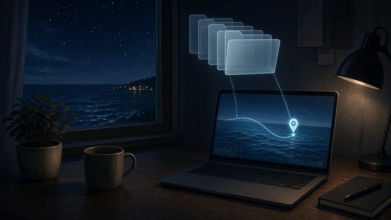夜の机の上に浮かぶフォルダと、海の上の地点
