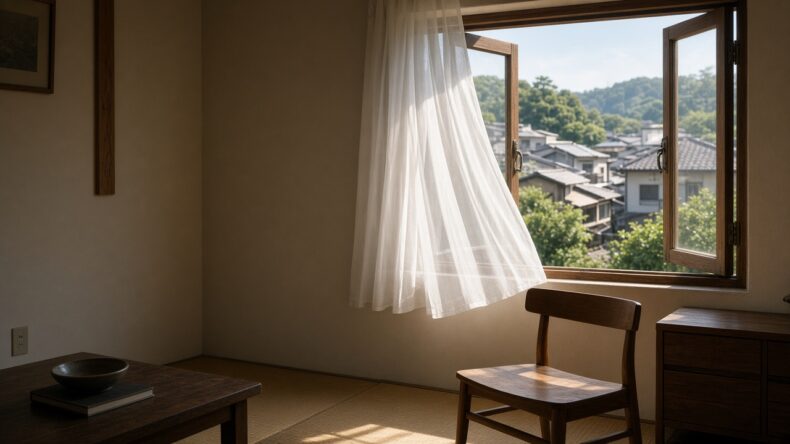 午後、カーテンが揺れる開いた窓