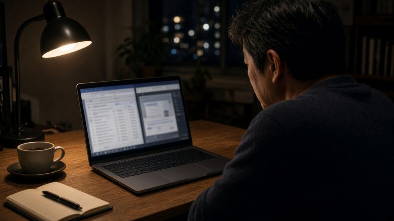 ノートと長文の原稿を左右に分けて置く夜の作業机