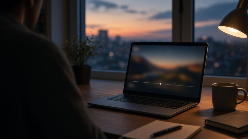 夕暮れの机で、ぼんやりした動画の画面を見ているノートPC
