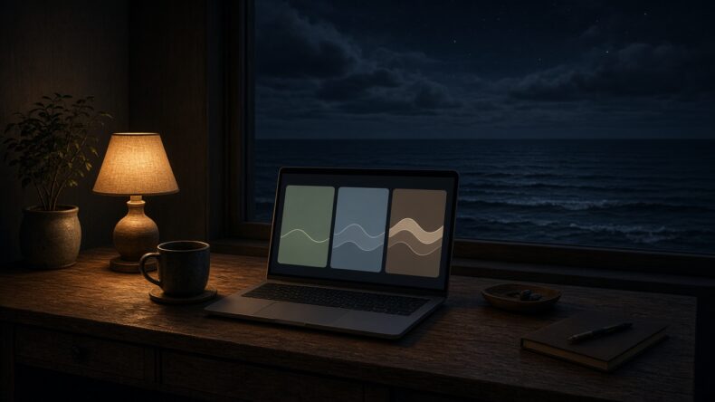 三つの波のカードが並ぶ、夜のノートPC
