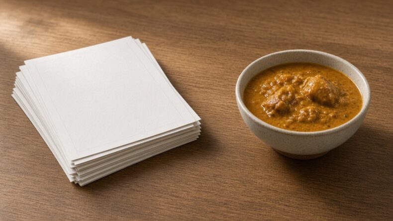 白紙の束と、離して置いたカレー