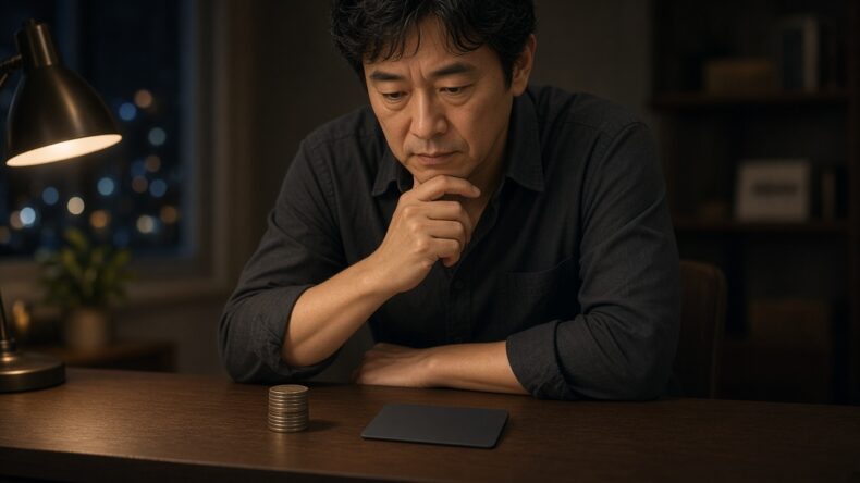 机の上で二つの支払いの道を見比べて考える人