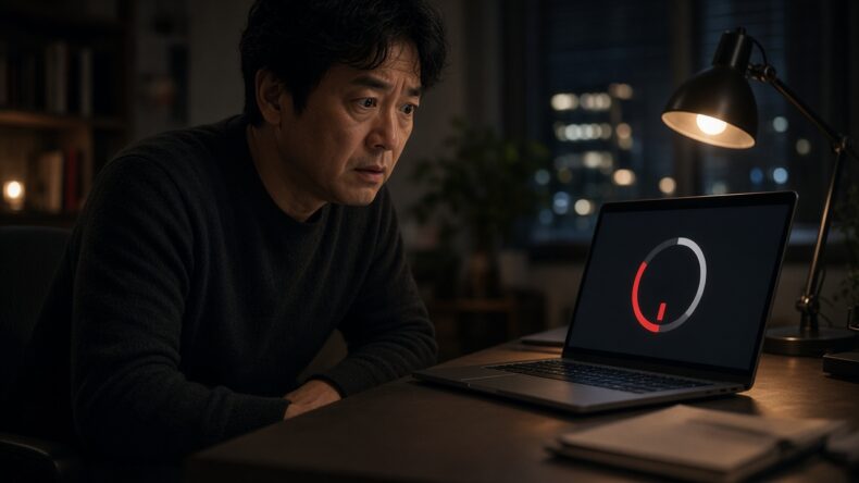 夜の机で利用量メーターを見て見積もりが外れたことに気づく人