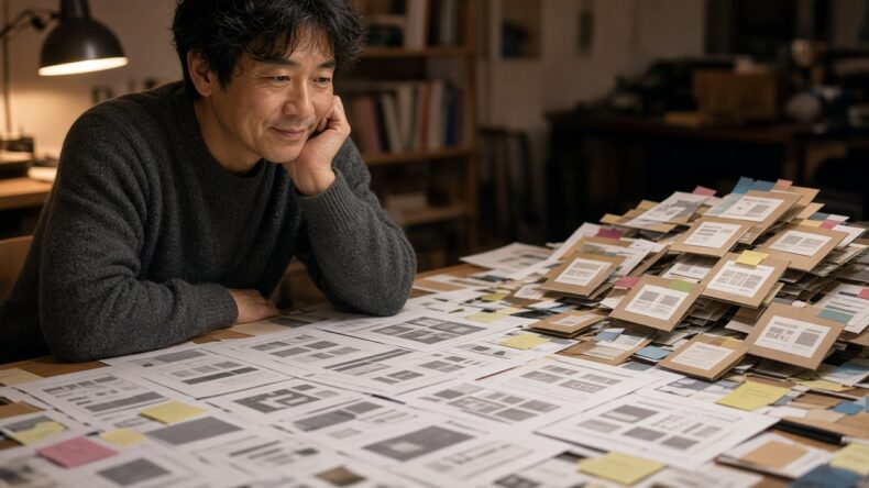 公開日のあとも残るウェブサイト改修の資料が机に重なる様子