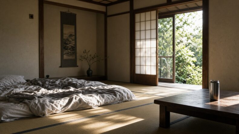 昼の光が当たる布団と、ラベルのない缶
