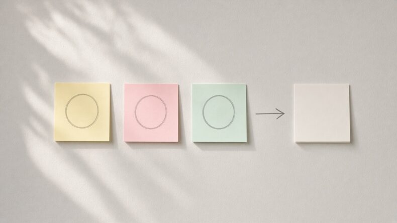 丸を描いた三枚の付箋と、矢印の先の白紙