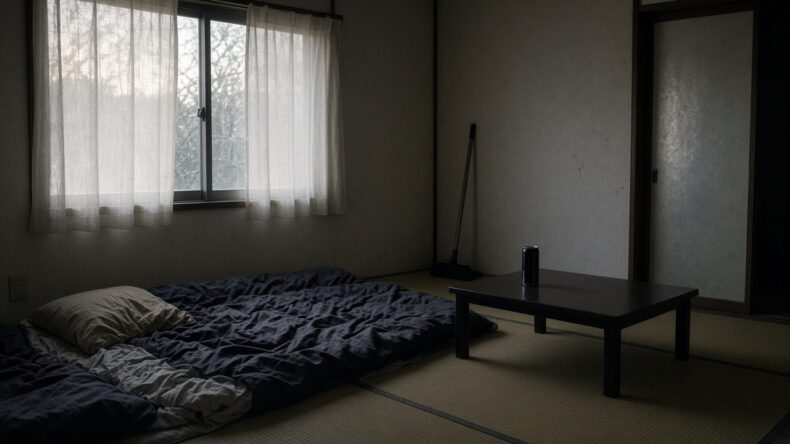 短い眠りのあとの朝。敷布団が乱れていて、低い卓に黒い缶が一つある。